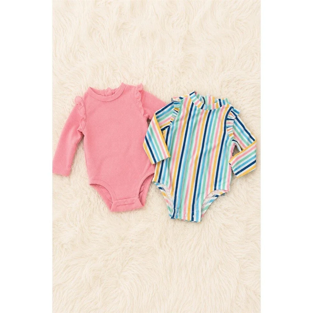 Old Navy Baby Girls Bodysuit Bundle 0-3M Long Sleeve Ruffle Pink Stripe